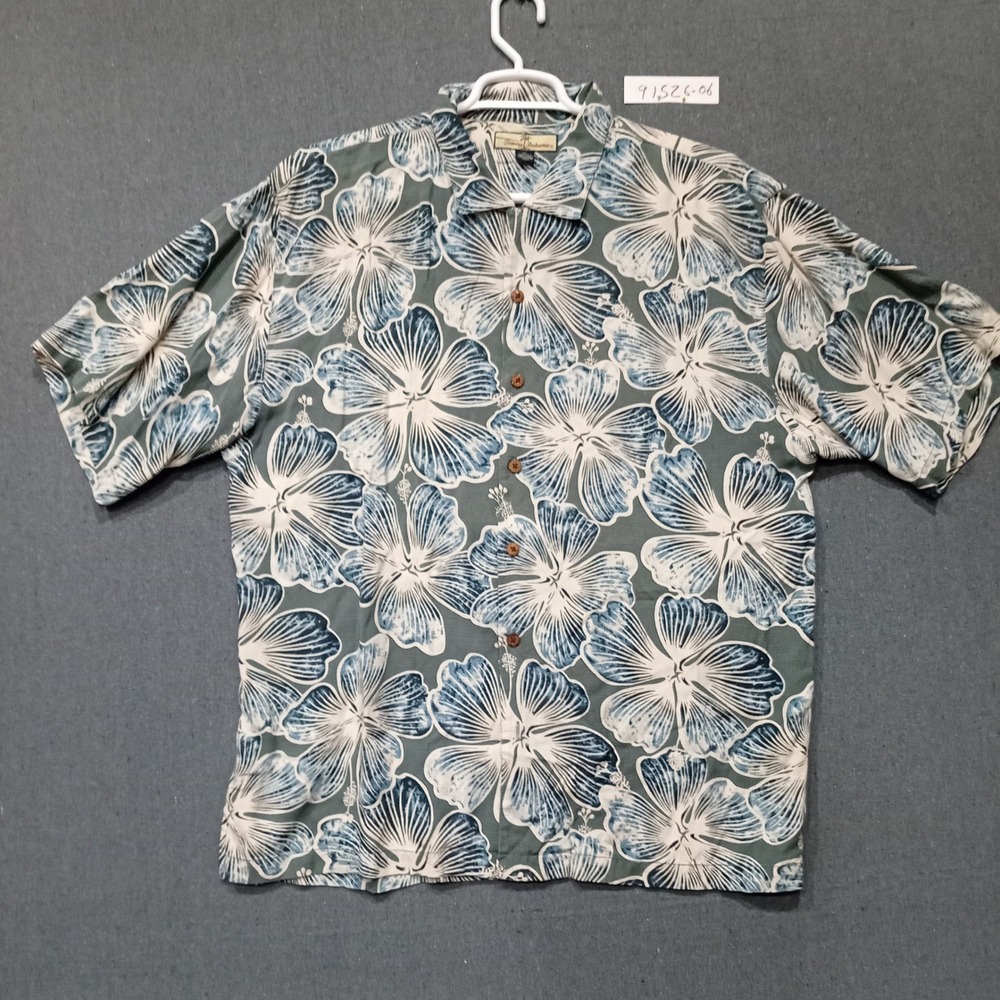 Tommy Bahama Mens XL Silk Camp Shirt Blue Green Hibiscus Floral Short Sleeve